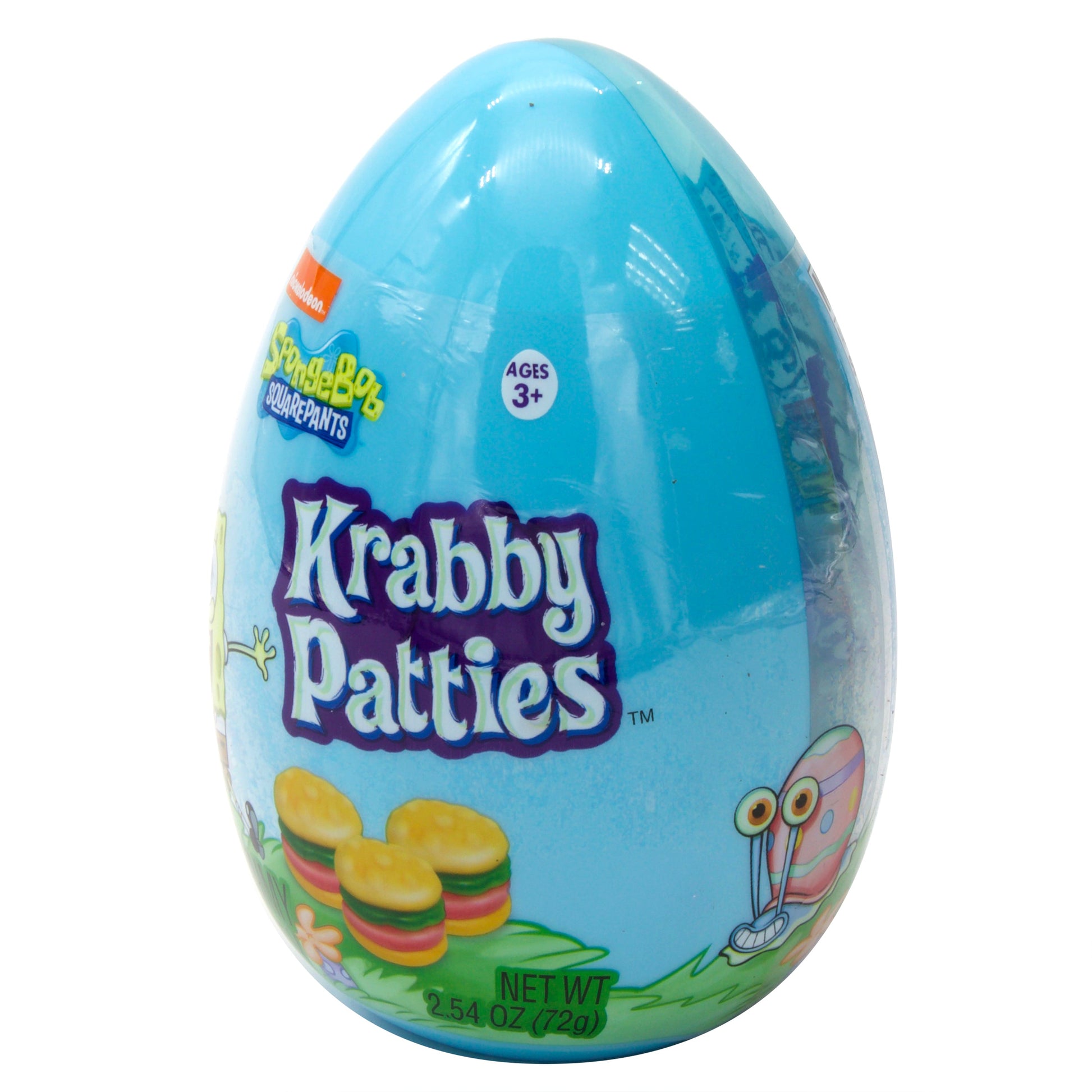 Side angle of blue plastic egg with 3 krabby patties burgers gummies and Gary