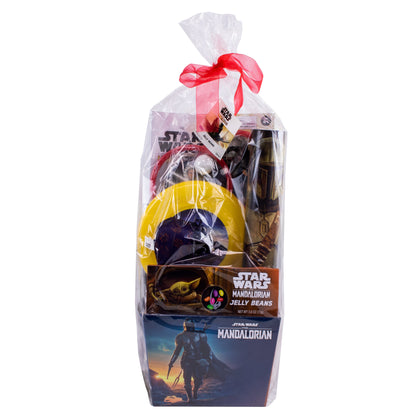 star wars mandalorian themed easter basket in plastic gift wrap and red ribbon