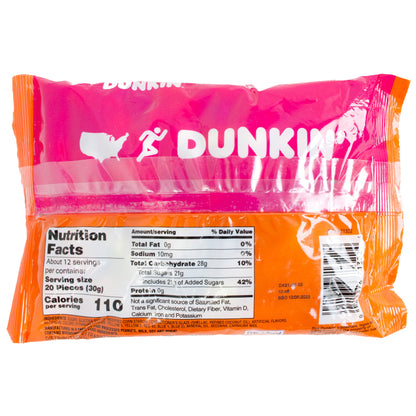 Back of orange and pink bag with nutrition facts and ingredients