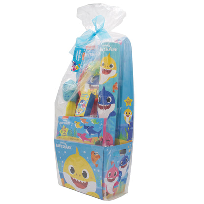 Side of blue gift basket in gift wrap with blue ribbon