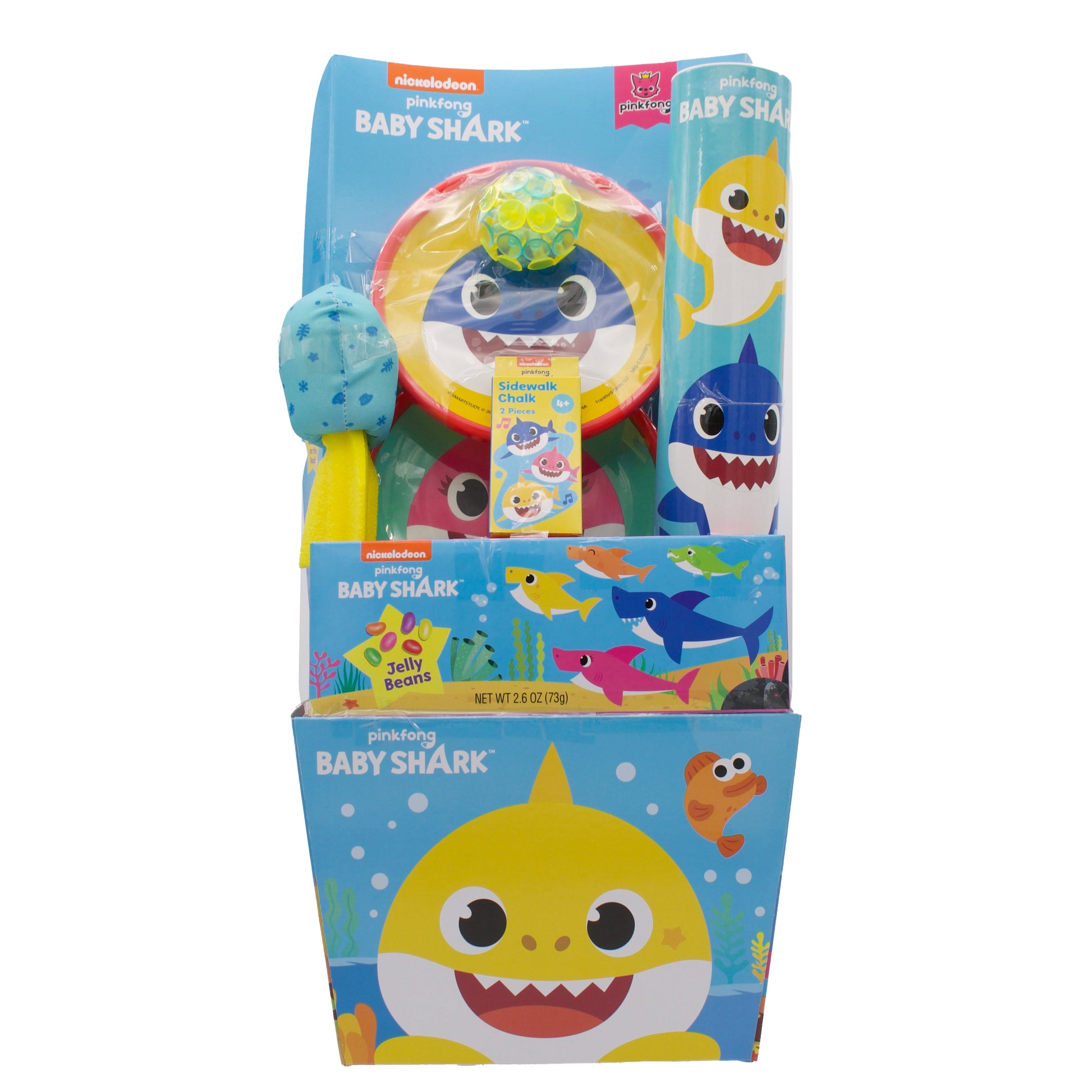 Blue gift basket decorated with Baby Shark characters and various toys and jellybeans inside the basket