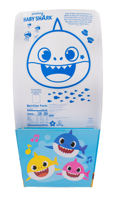 Back of gift basket decorated with Baby Shark characters, fill-in coloring cutout, and nutrition facts and ingredients