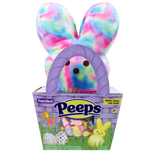 purple basket with colorful bunny candies, topped by tie dye plush bunny
