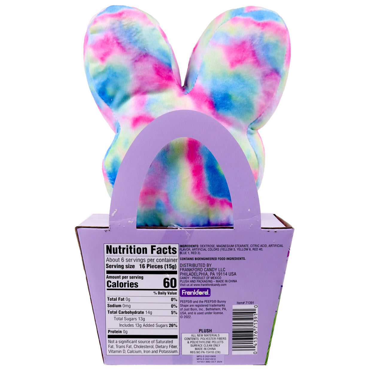 back of purple basket and tie dye bunny with nutrition facts and ingredients