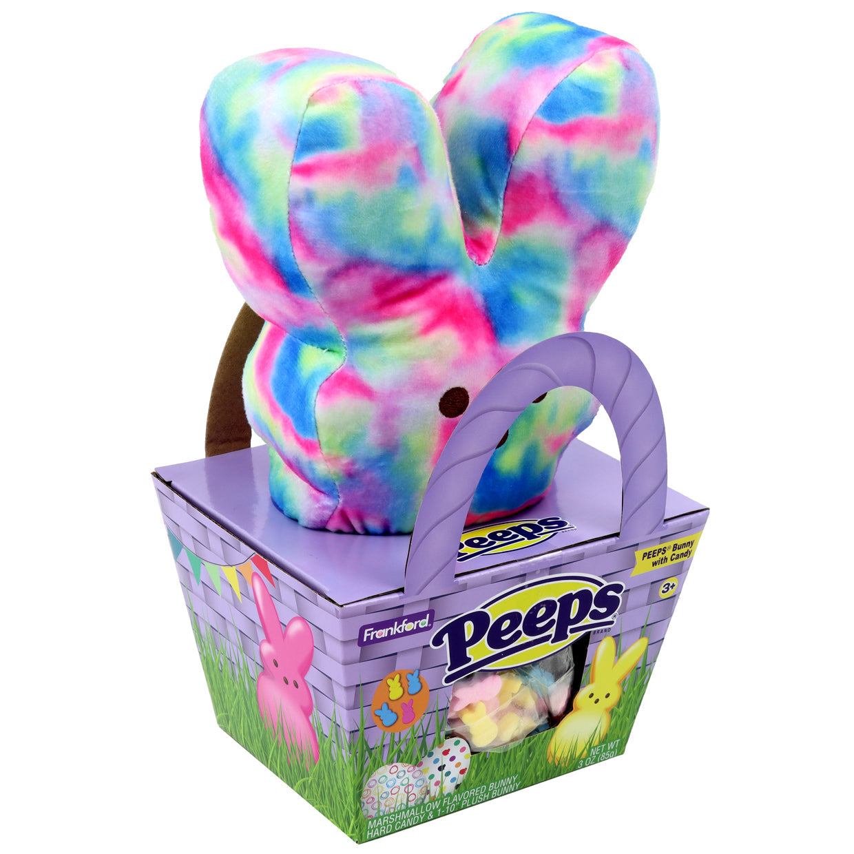 angle of purple basket basket  and tie dye bunny plush gift set