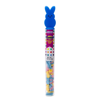 clear tube with multi colored hard candies and topped with blue bunny