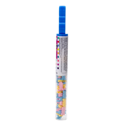 side of clear tube with multi colored hard candies and topped with blue bunny