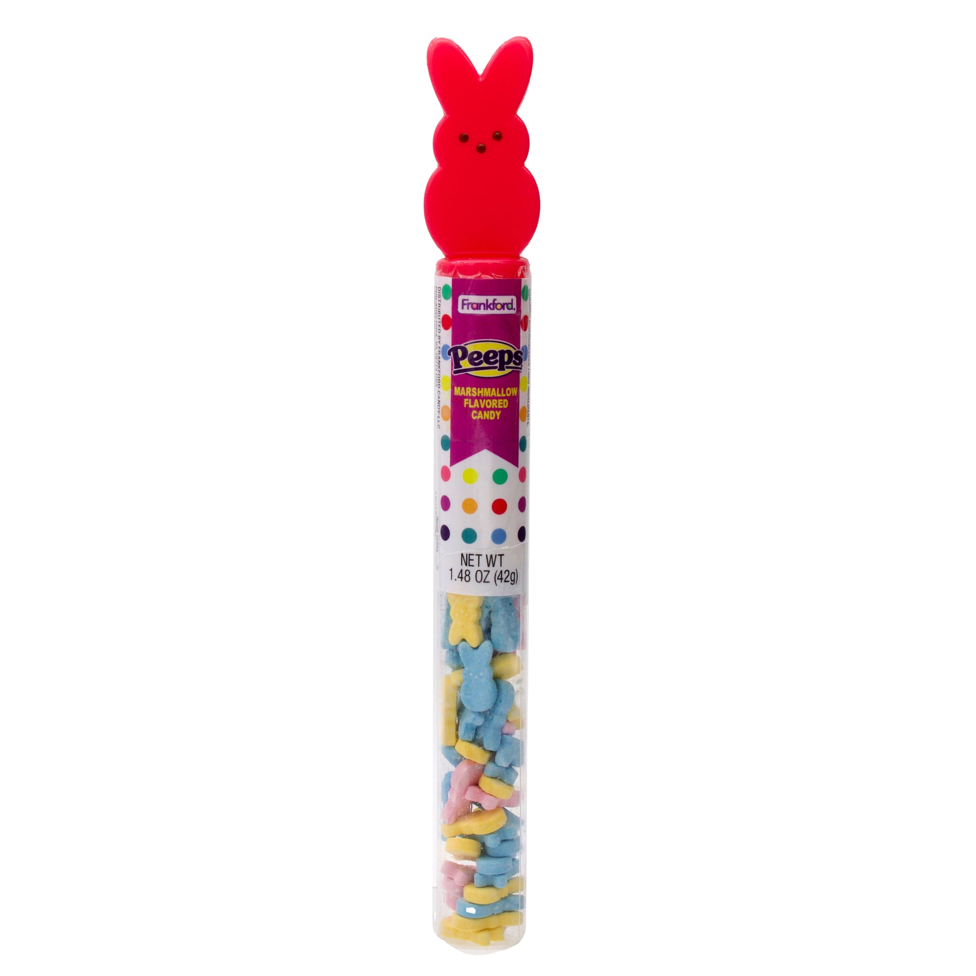 clear tube with multi colored hard candies and topped with pink bunny