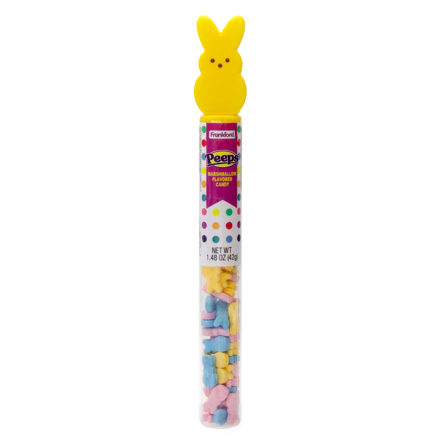 clear tube with multi colored hard candies and topped with yellow bunny