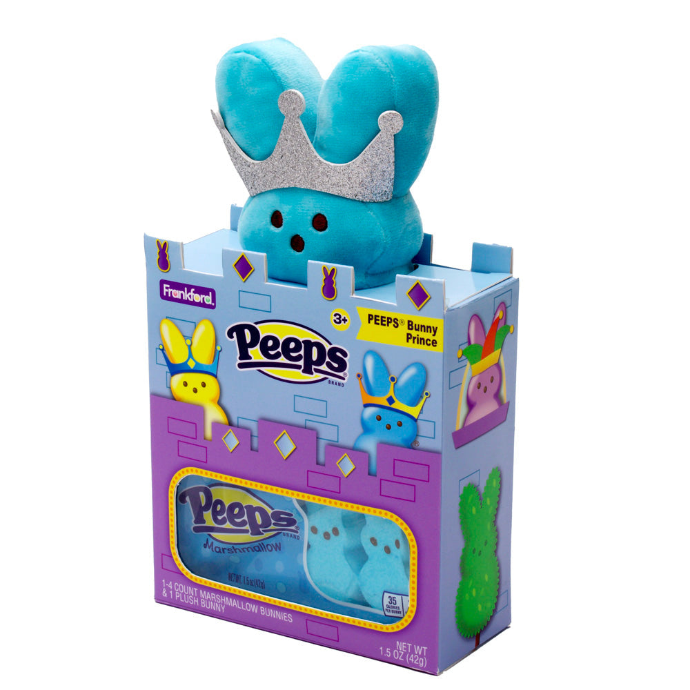 angle of blue box with blue PEEPS bunny marshmallows and blue plush bunny with silver crown