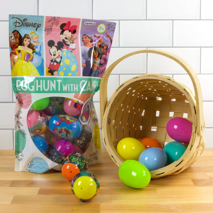 Colorful candy bag decorated with Disney characters with 16 plastic eggs and a straw basket with plastic eggs