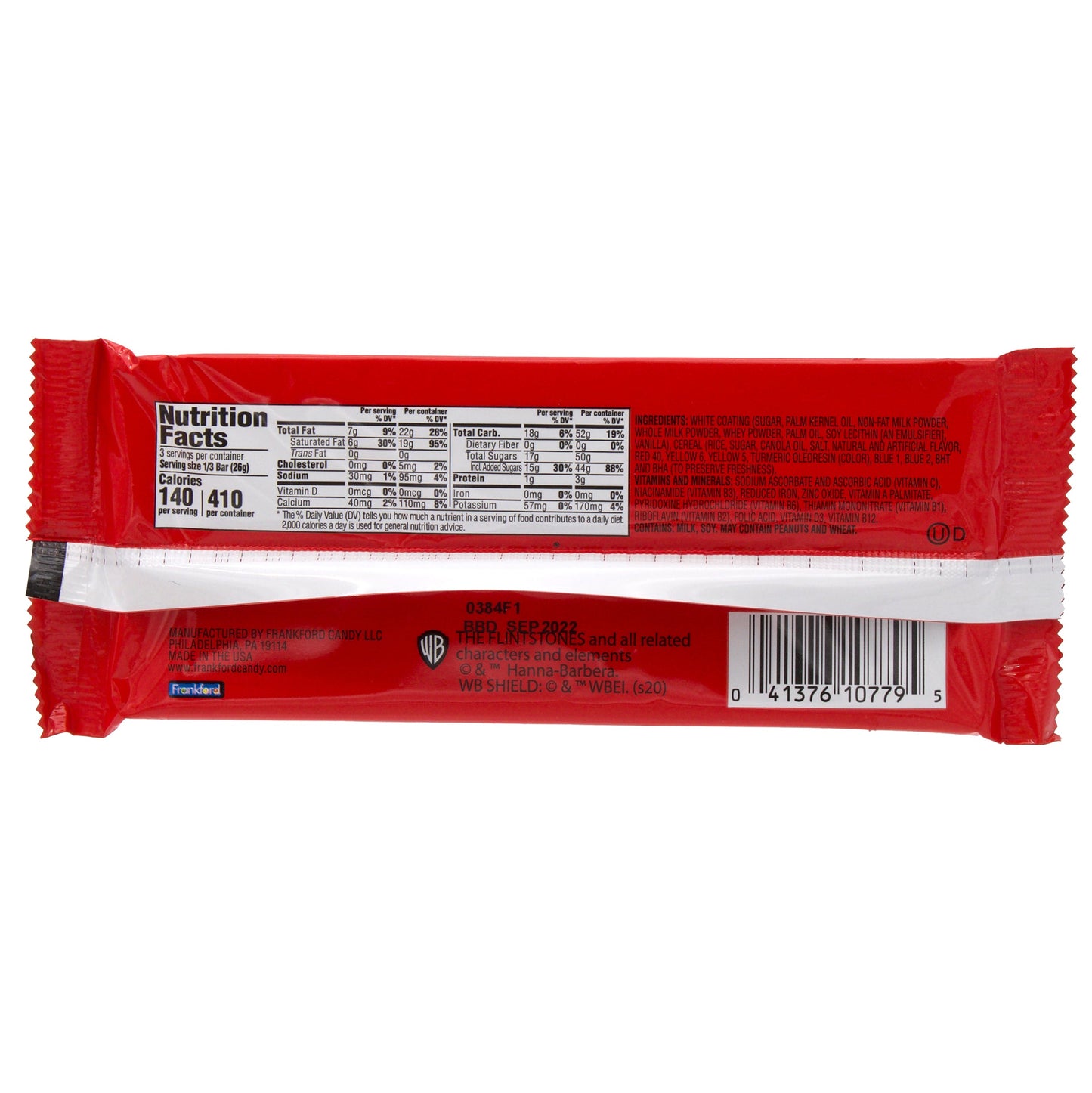 back of red candy bar wrapper with nutrition facts and ingredients