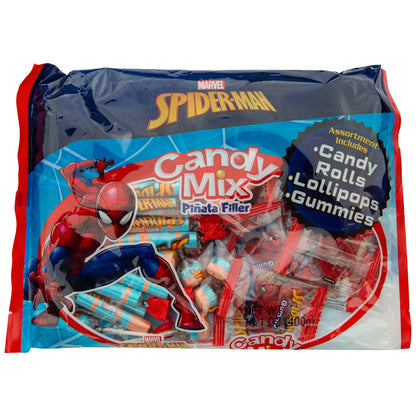 blue bag with spiderman decal and red individually wrapped candies
