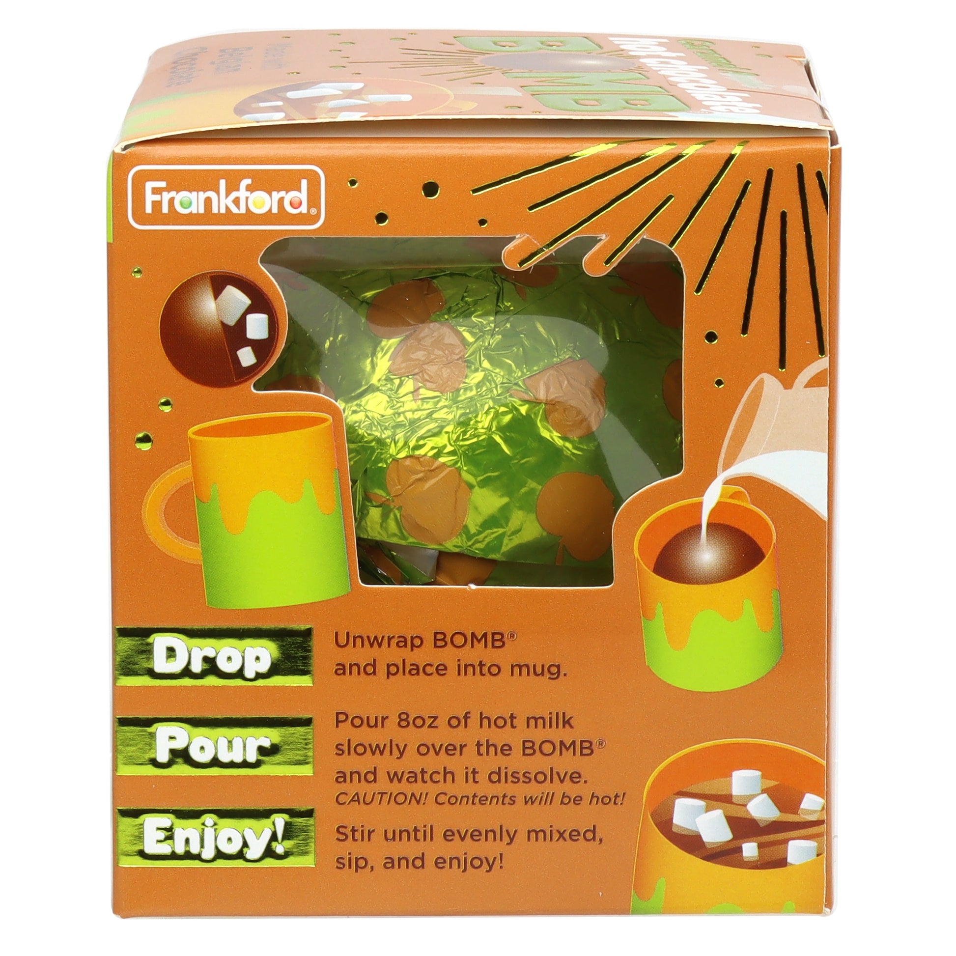 Side of orange box with directions for how to use hot chocolate bomb