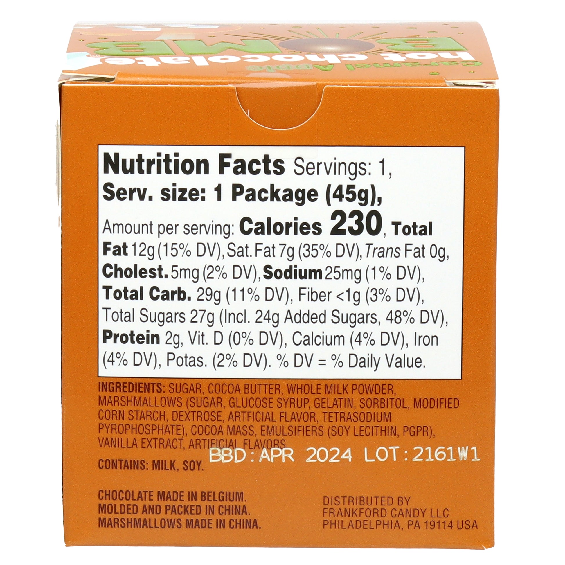 Back of orange box with nutrition facts and ingredients