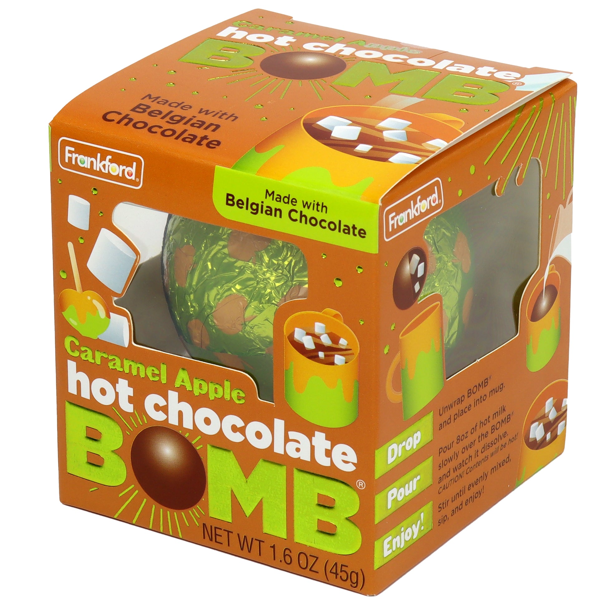 Angle of orange box with 1 apple print gold foil wrapped hot chocolate bomb