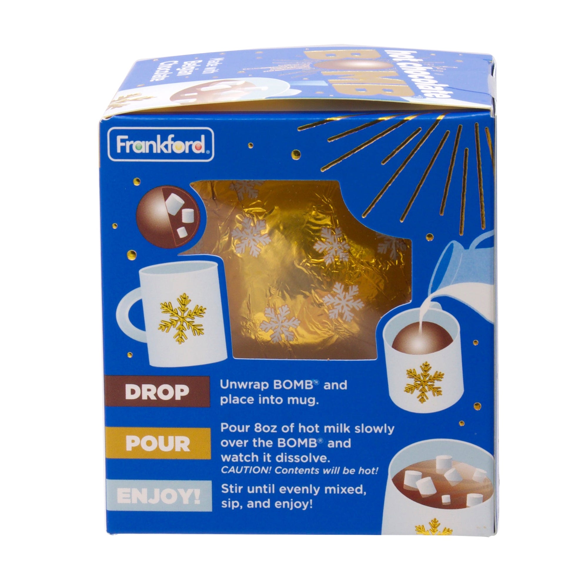 Side of blue box with directions for how to use hot chocolate bomb