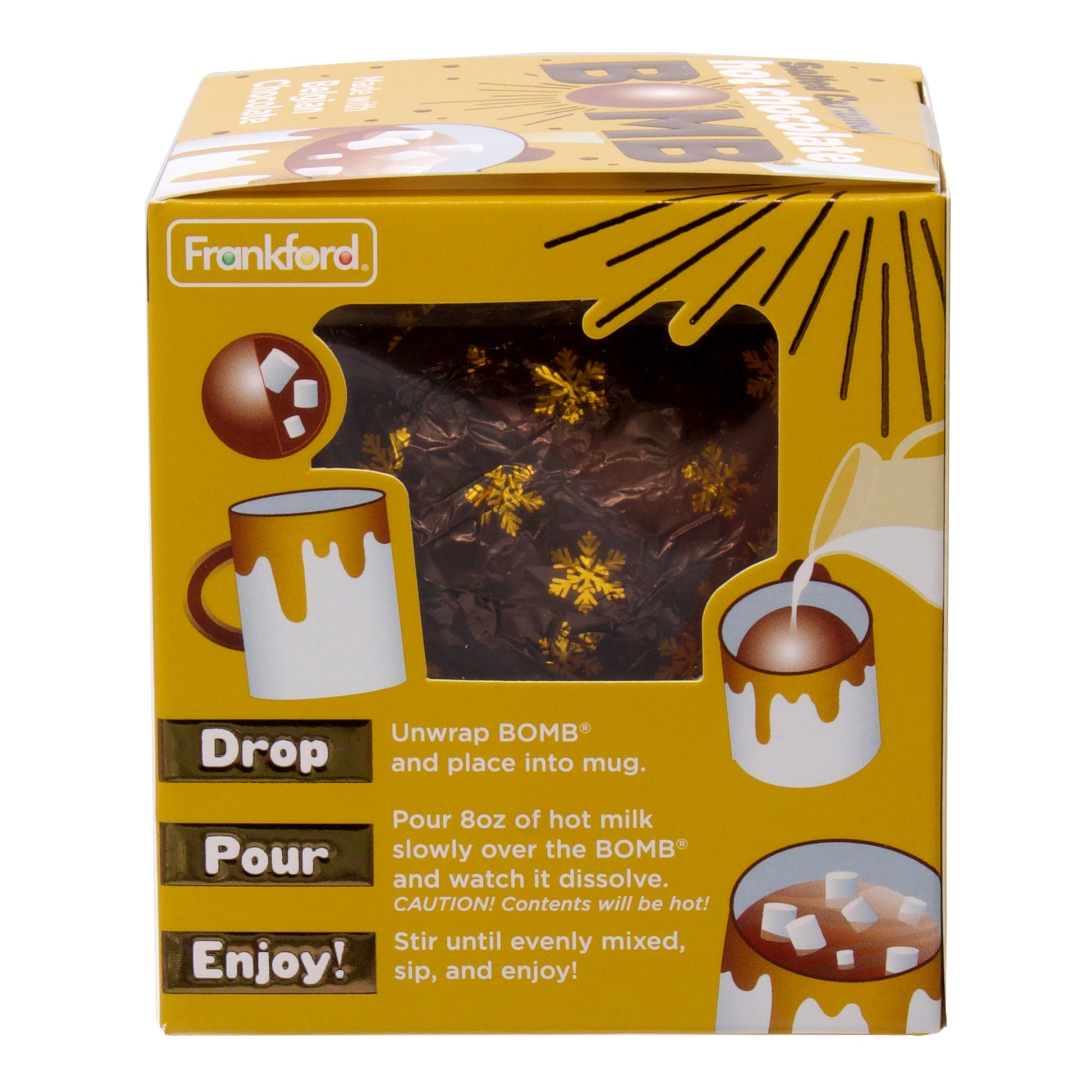 side of yellow box with directions for how to use hot chocolate bomb