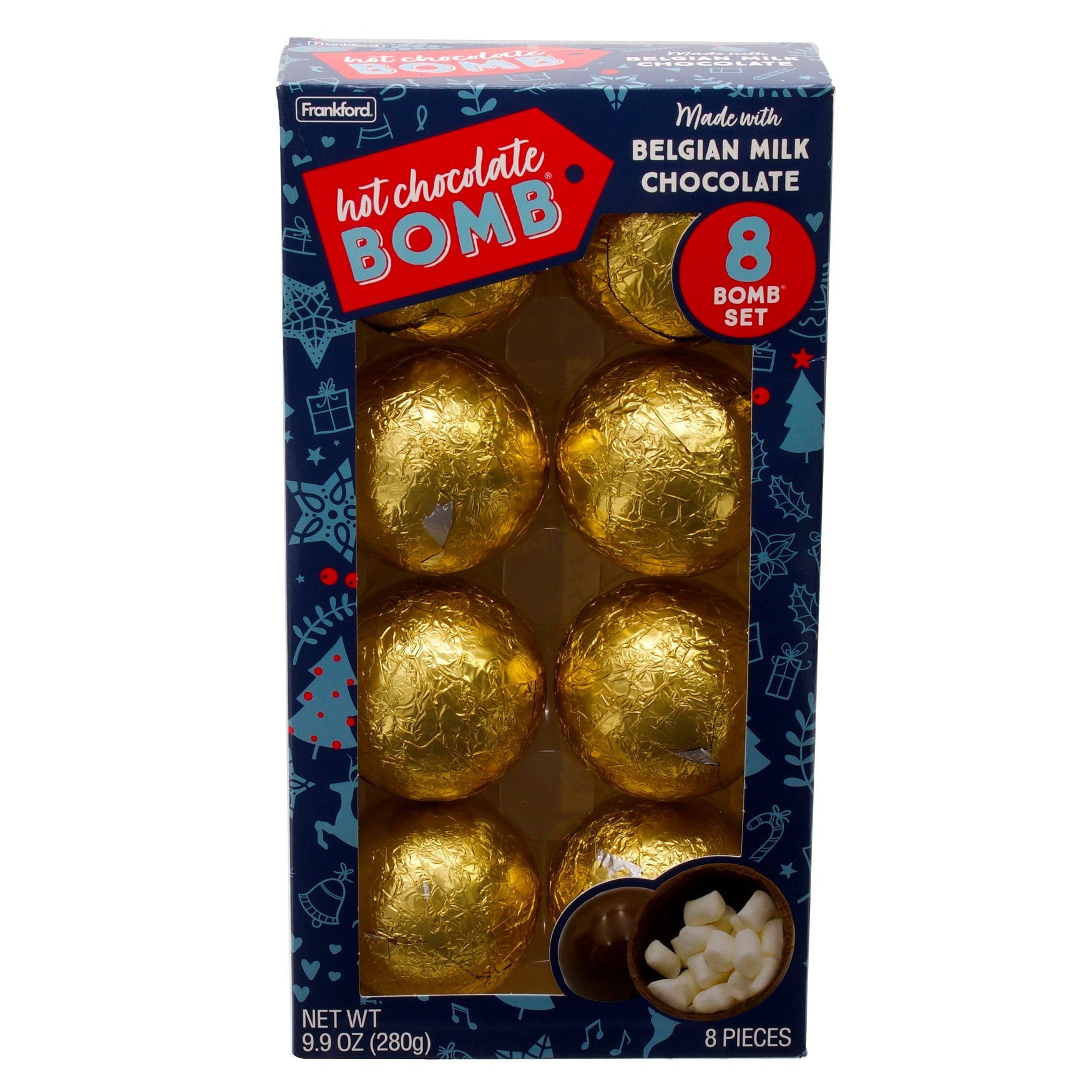 Navy Christmas themed gift box with an 8 Pack of gold foil wrapped hot chocolate bombs