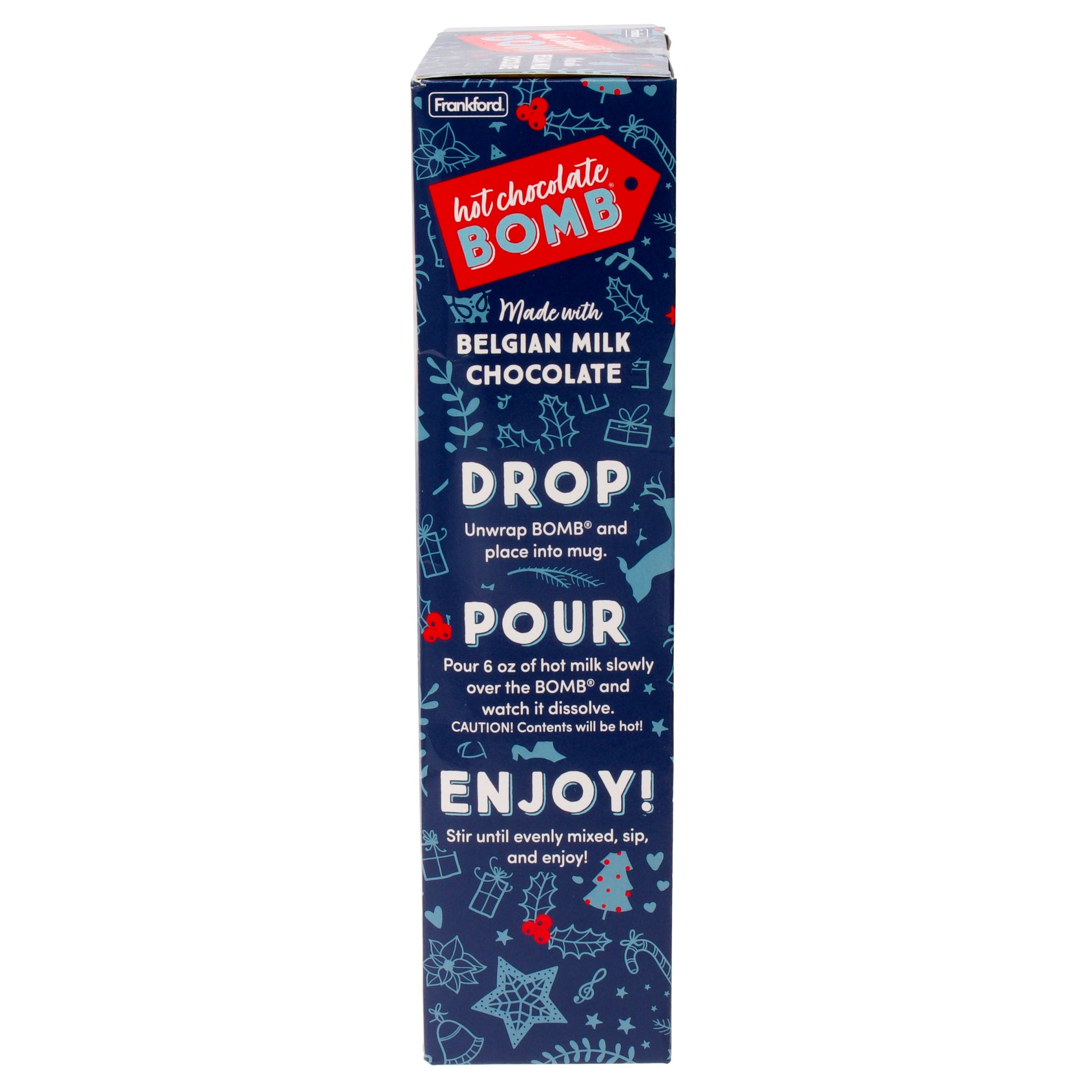 Directions on how to use hot cocoa bomb shown on navy gift box