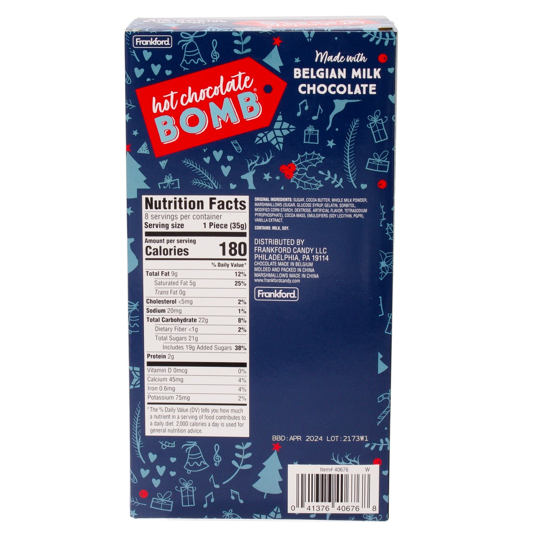 Nutrition Facts & ingredients on back of navy hot chocolate bomb box