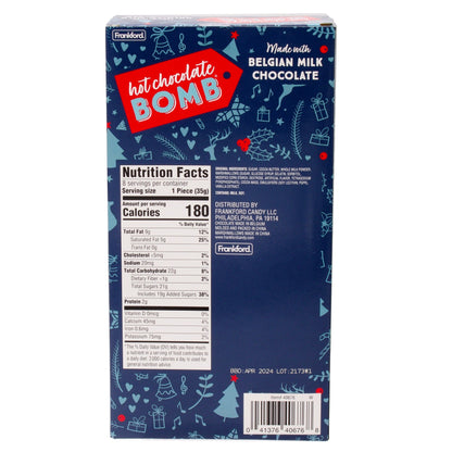 Nutrition Facts & ingredients on back of navy hot chocolate bomb box