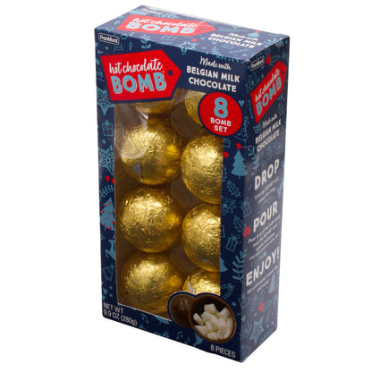 Navy Christmas themed gift box with an 8 Pack of gold foil wrapped hot chocolate bombs