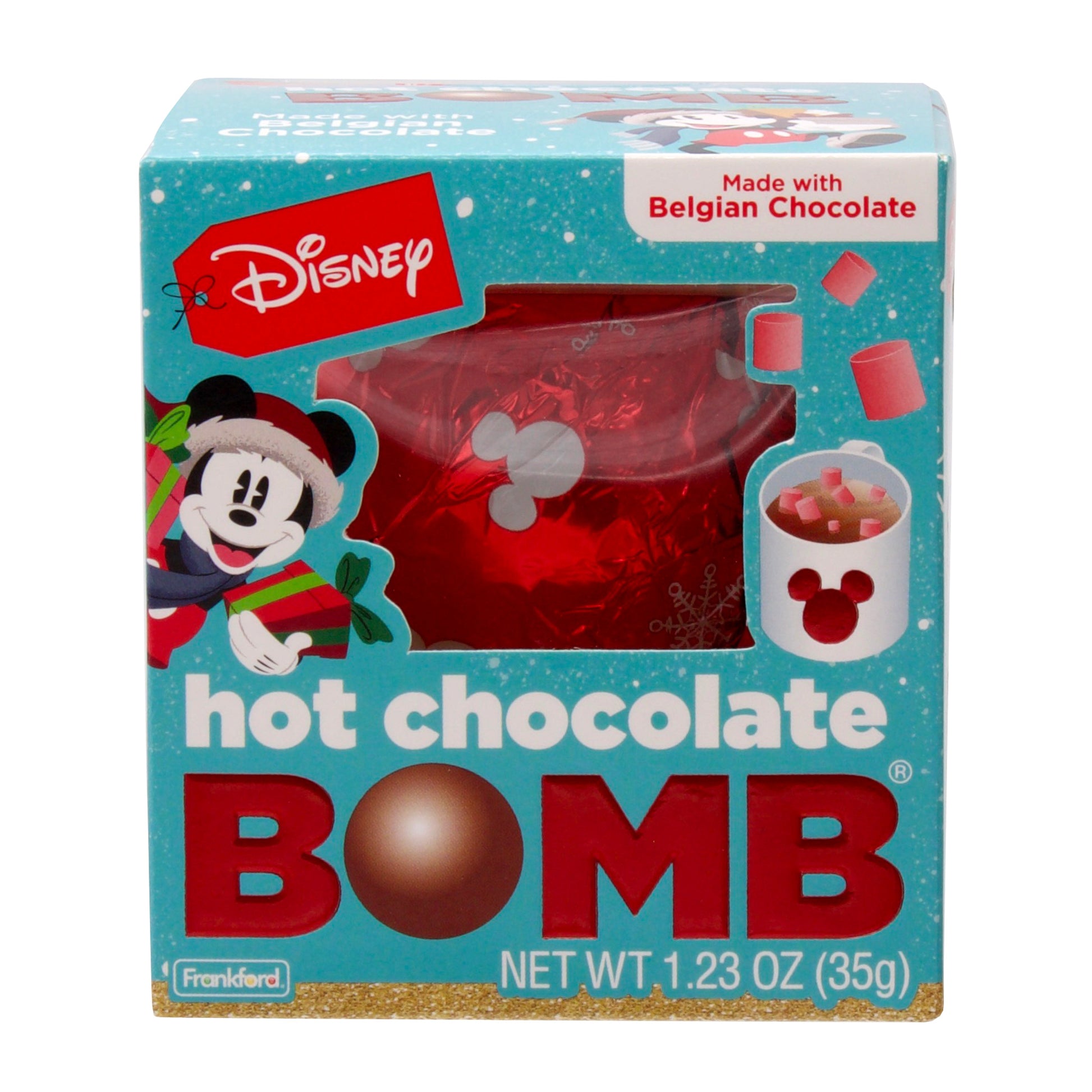 Blue Christmas themed hot chocolate bomb box with 1 red and mickey print foil wrapped hot chocolate bomb