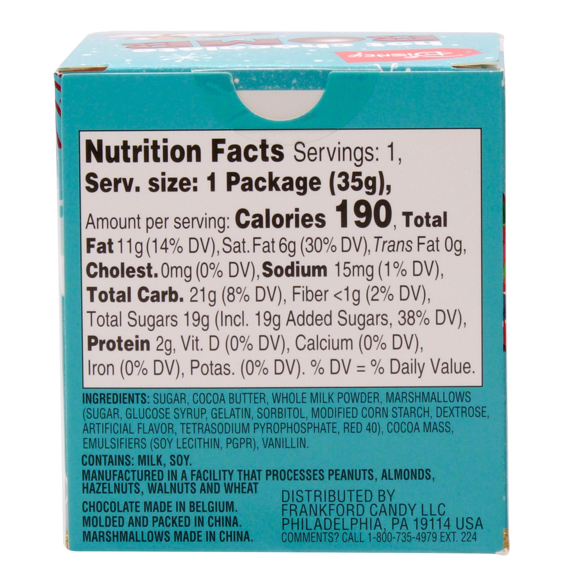 Back of blue box with nutrition facts and ingredients