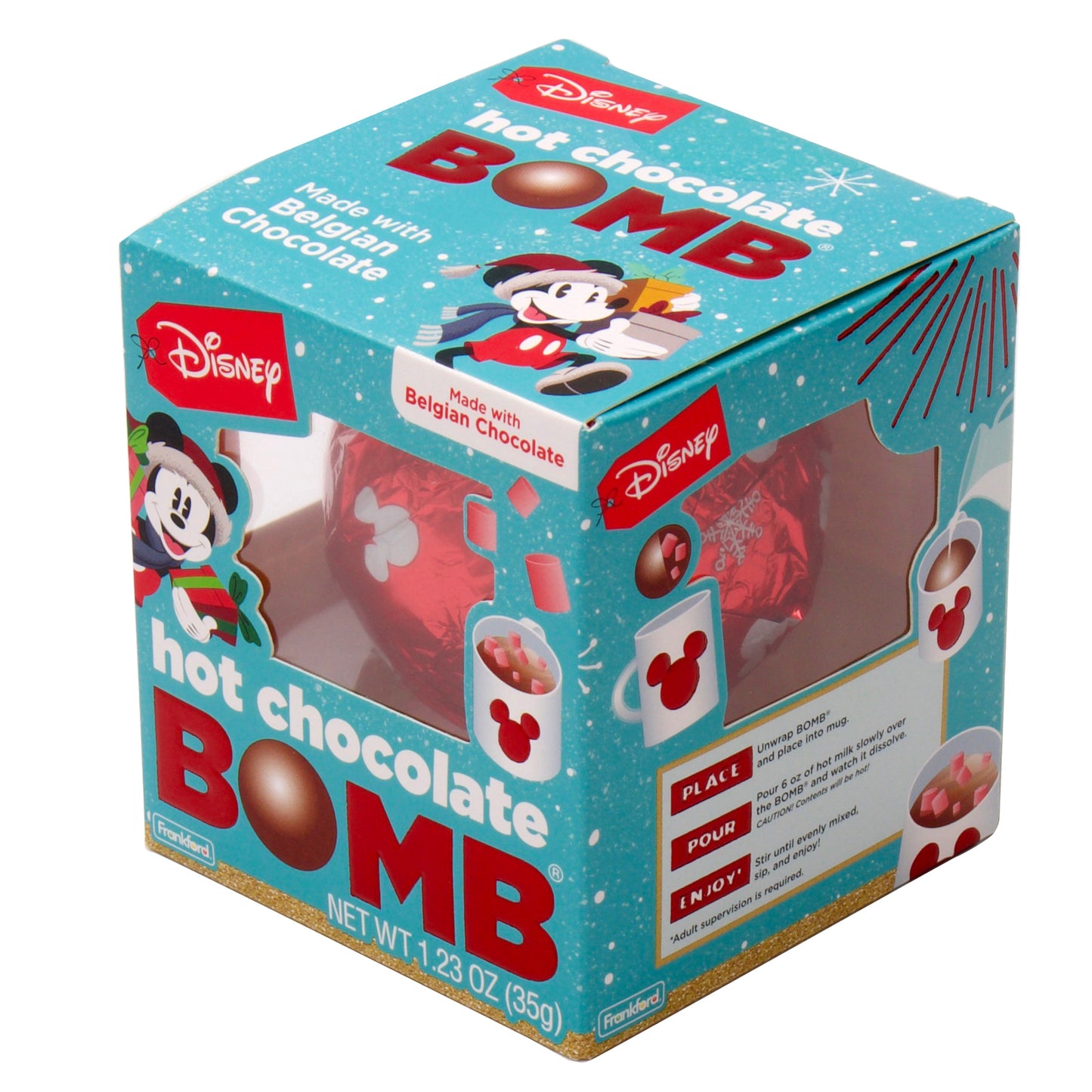 angle of blue christmas themed box with 1 red and mickey print foil wrapped hot chocolate bomb