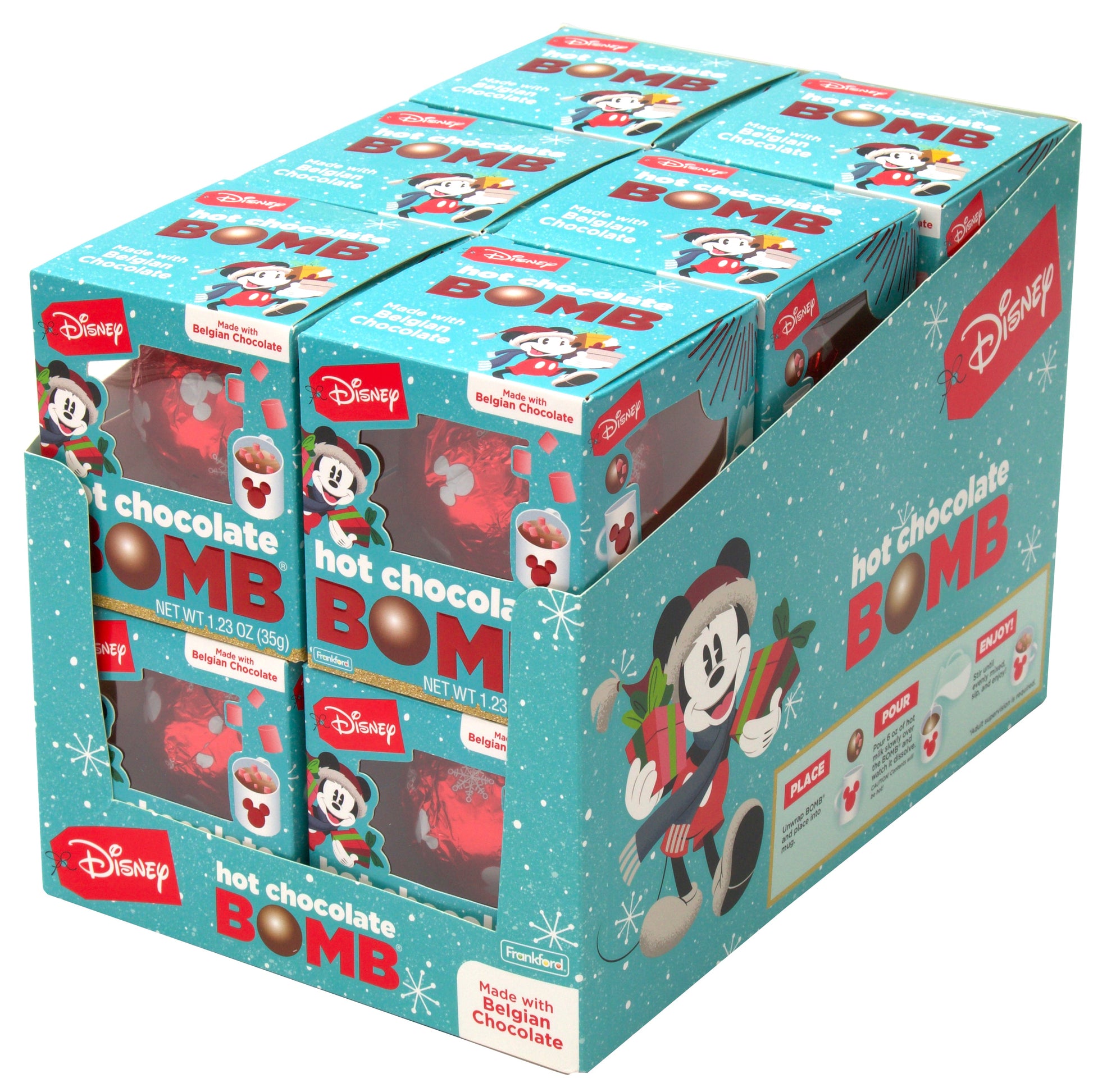 blue display case for 6 individual boxed hot chocolate bombs decorated with christmas mickey holding presents