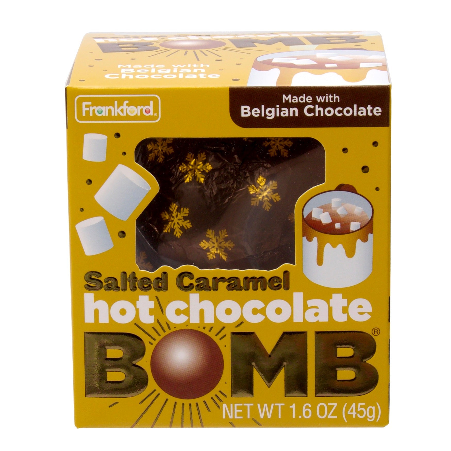 yellow box with brown and snowflake print foil wrapped hot chocolate bomb