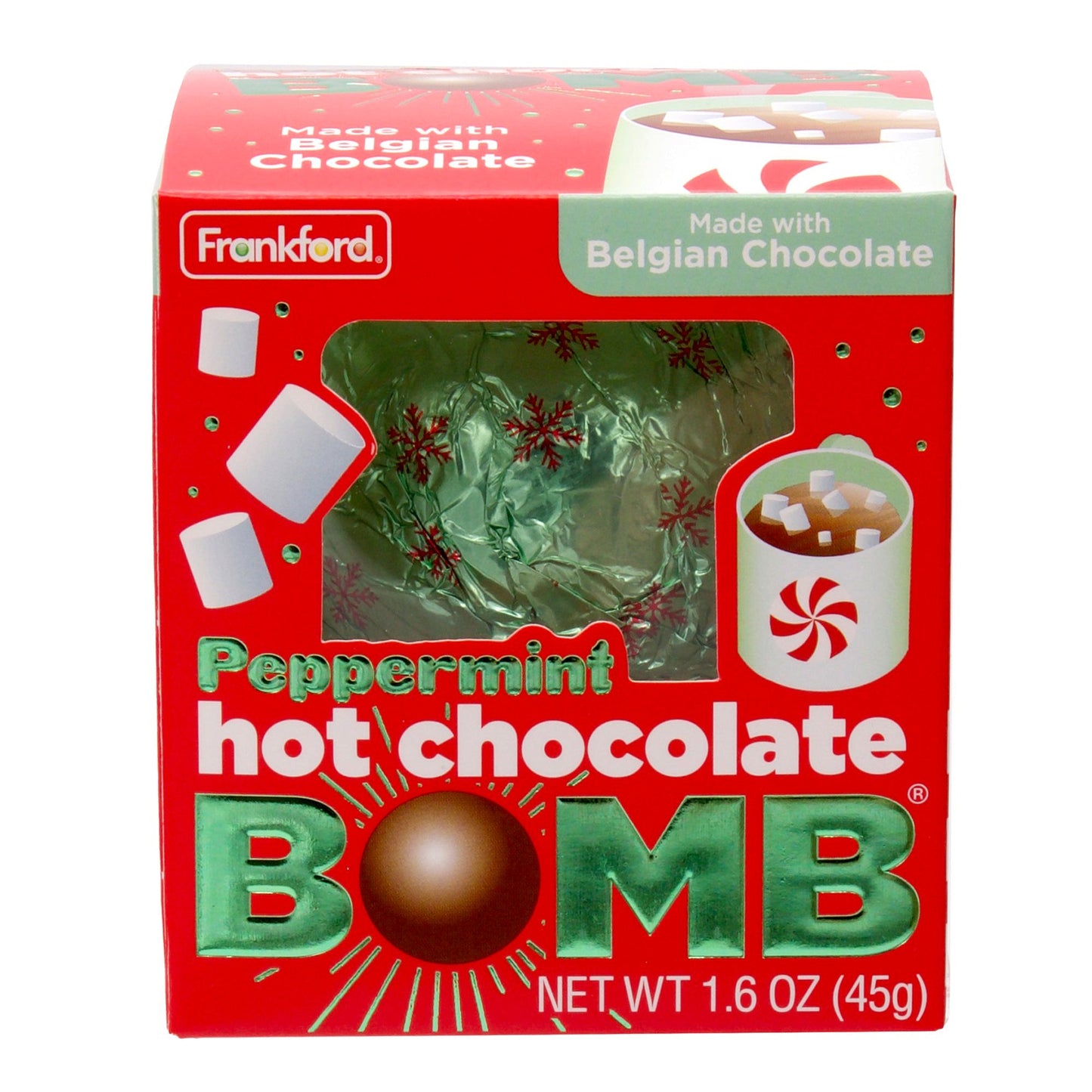 red box with green and snow flake print foil wrapped hot chocolate bomb
