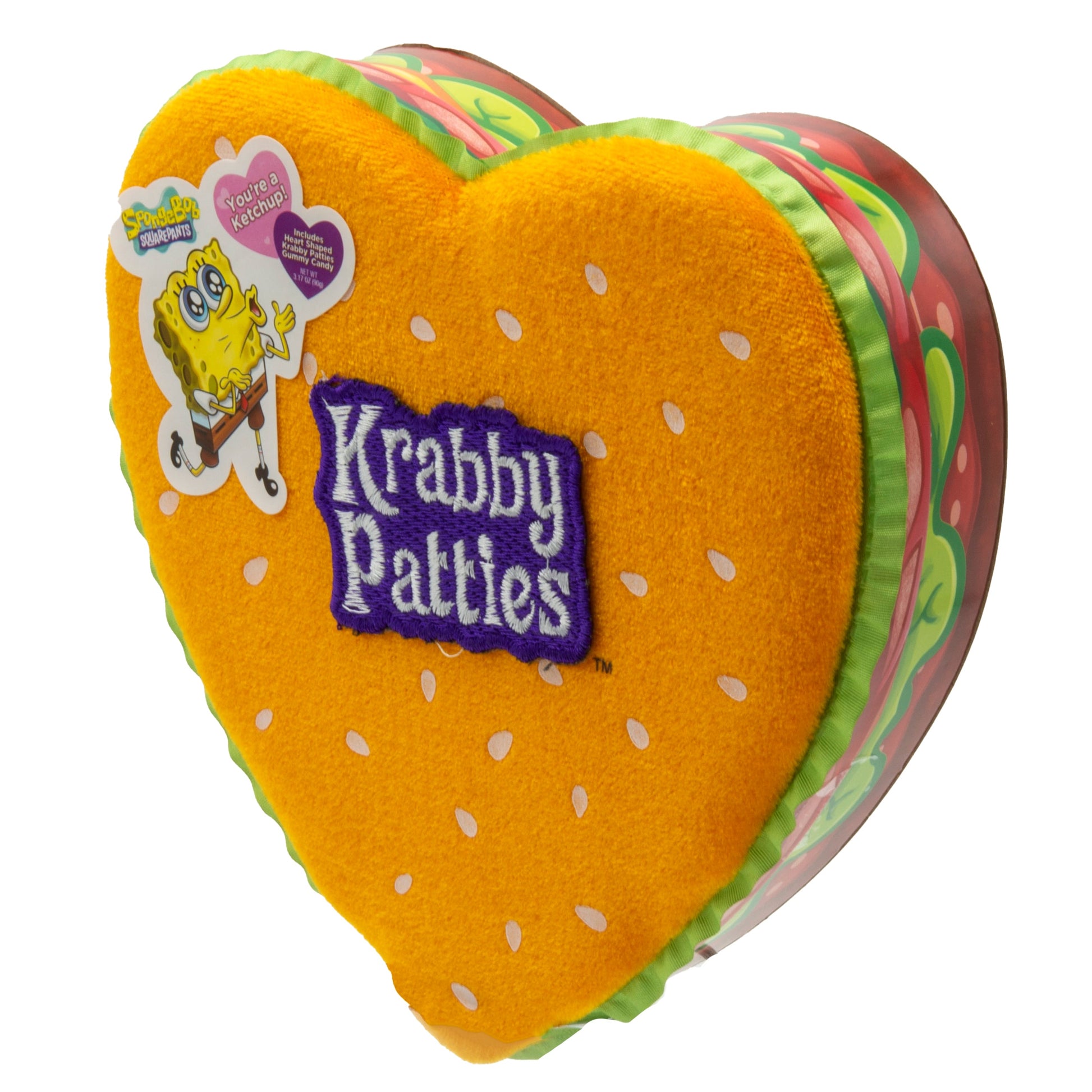 Angle of heart shaped box lined with print of lettuce, tomato, burger, and pickles 