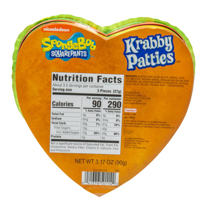 back of yellow heart shaped box with nutrition facts and ingredients