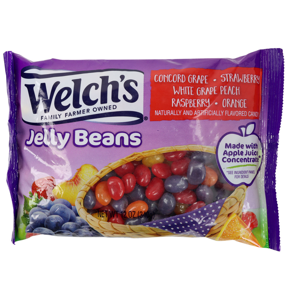 Purple bag with colorful jelly beans and art of picnic basket and fruit