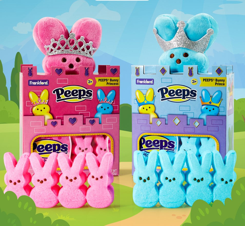 pink box with pink PEEPS bunny marshmallows and pink plush bunny with silver crown; blue box with blue PEEPS bunny marshmallows and blue plush bunny with silver crown