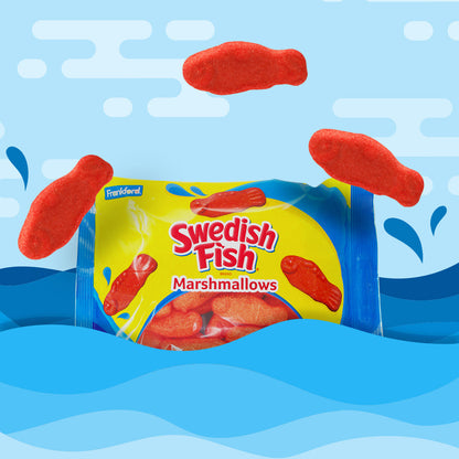 yellow and blue bag with jumping red fish shaped marshmallows in ocean art